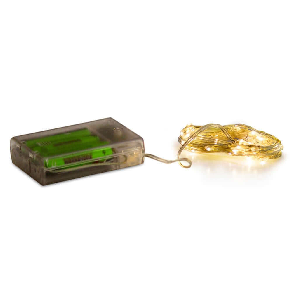 image of wire wrapped in a coil, with tiny white lights, attached to a rectangular translucent plastic box for batteries