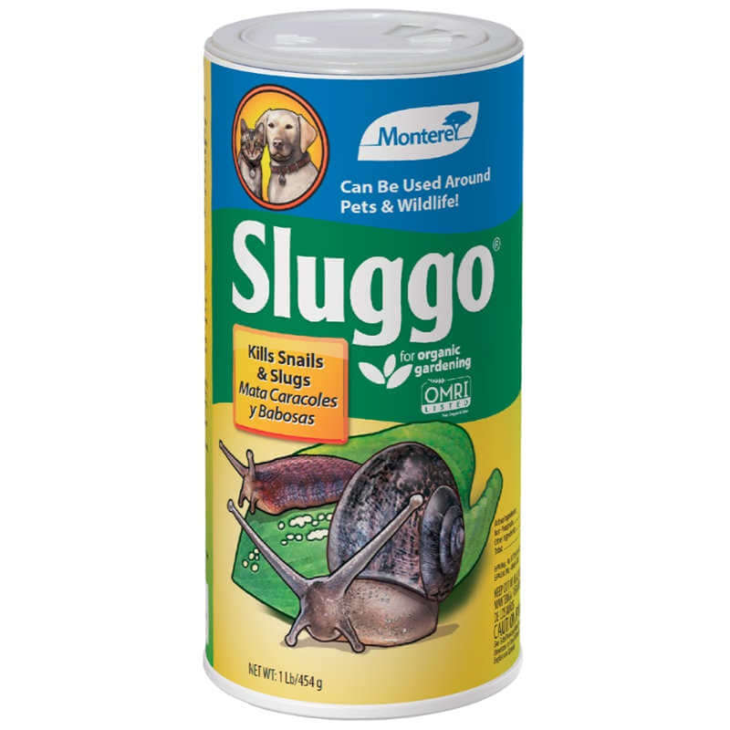 round canister of product with blue green and yellow sections showing monterey and sluggo logos, with drawings of a slug and a snail and OMRI logo