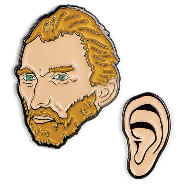 image of two pins:  one of Vincent Van Gogh's head, and another of an ear