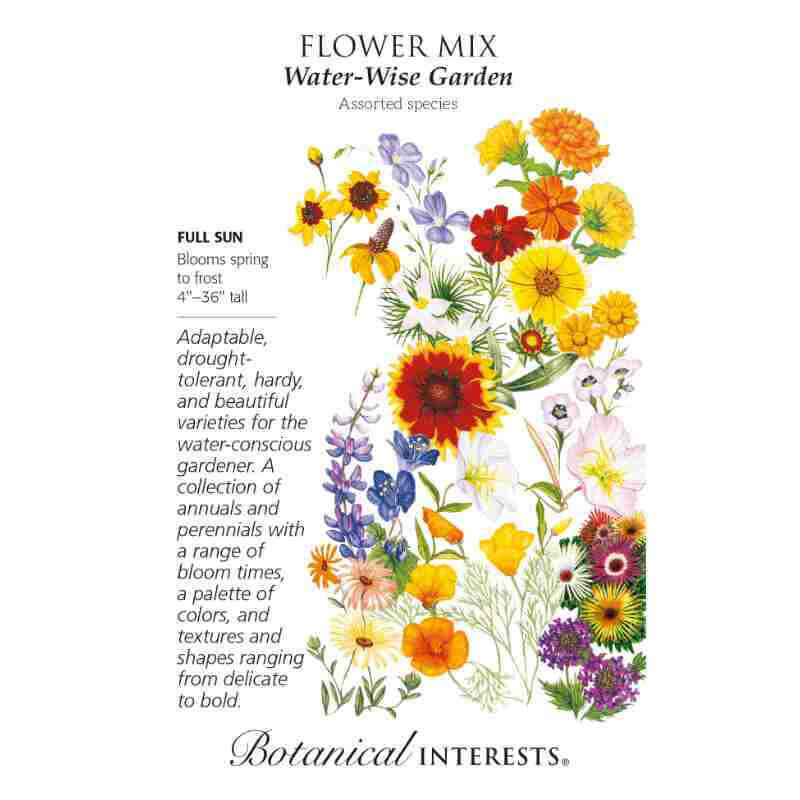 image of seed packet with drawings of many different flowers in colors ranging from yellow to orange to red and pink to blue to purple.  logo and seed info in black type.