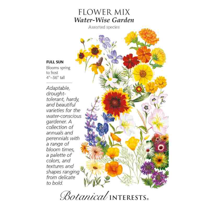 image of seed packet with drawings of many different flowers in colors ranging from yellow to orange to red and pink to blue to purple.  logo and seed info in black type.