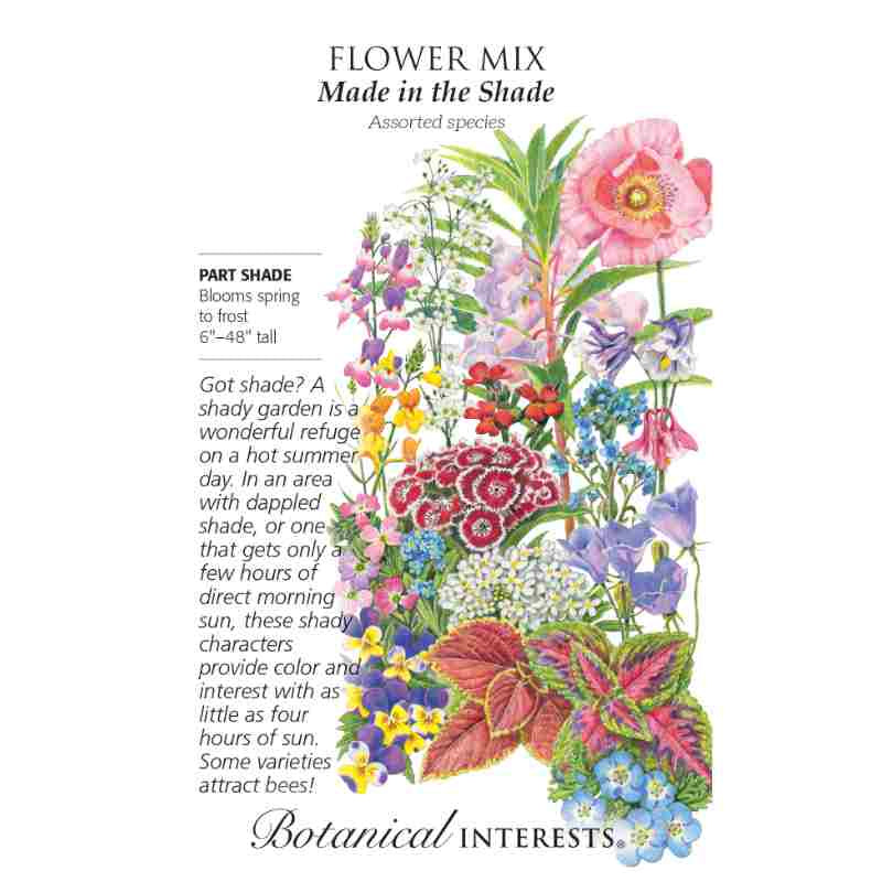 image of seed packet with drawings of a huge variety of flowers in different colors, sizes and shapes.  logo and seed packet info in black type.  