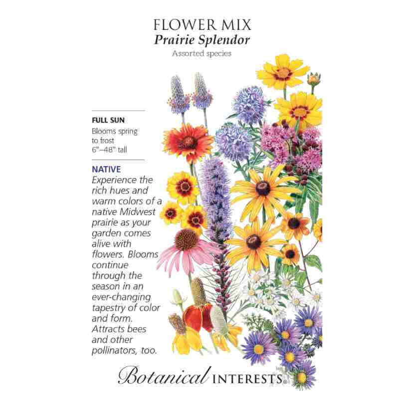 image of seed packet with drawings of many different flowers in differing colors, sizes and shapes.  logo and seed packet info in black type