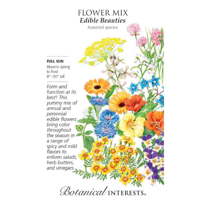 image of seed packet with drawings of many different flowers in varied colors, sizes and shapes.  logo and seed packet info in black type