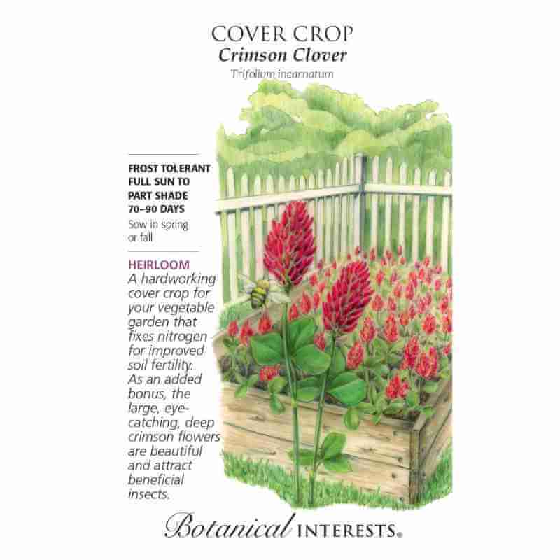 seed packet with drawing of raised bed with blooming red clovers