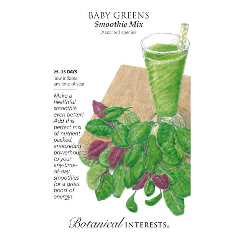 seed pack with drawing of baby greens and a smoothie