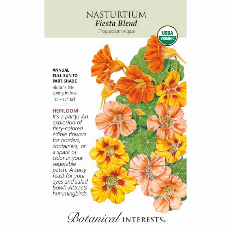 image of seed packet with drawings of several nasturtium blossom in colors ranging from yellow and red, light and dark peach, and medium and dark orange, with rounded green leave sin the background.  logo and seed packet info in black type.  USDA organic logo in upper right corner