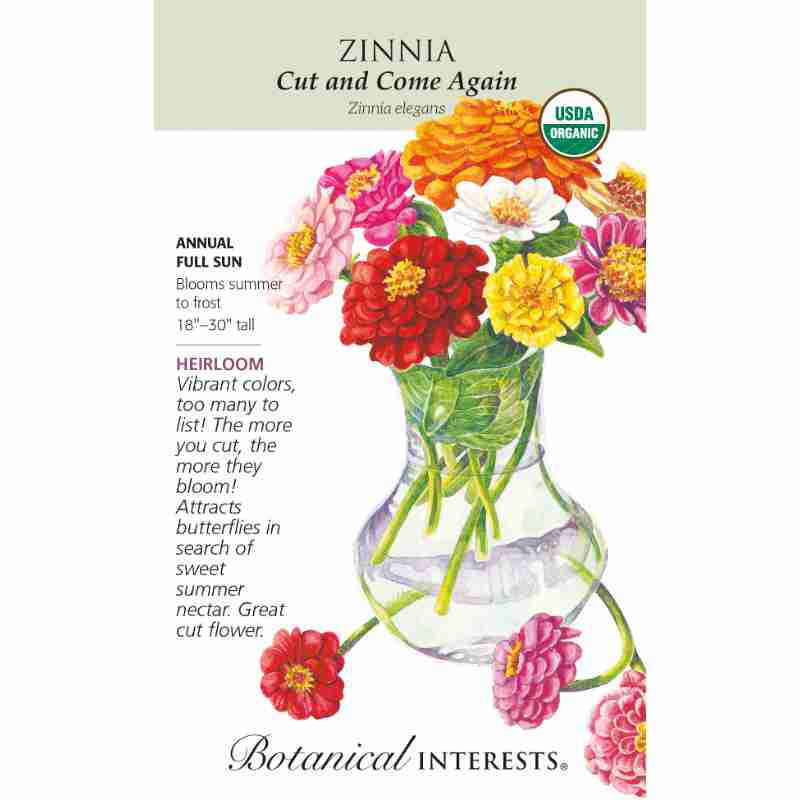 image of seed packet with a drawing of a clear glass vase holding cut stems of zinnias with large blooms in white, yellow, pink orange and red.  logo and seed packet info in black type.  USDA organic logo in upper right corner