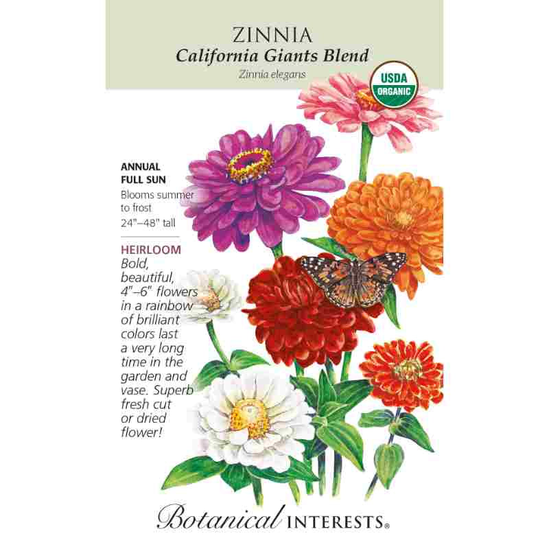 image of seed packet with drawings of several stems of zinnias with large blooms in white, orange, pink, purple and red.  logo and seed packet info in black type.  USDA organic logo in upper right corner
