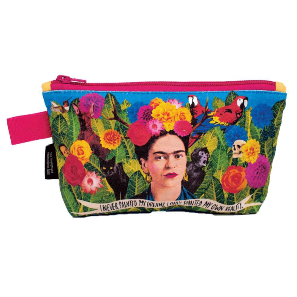 image of rectangular zipper bag with colorful flowers, parrots, a cat, a monkey and a picture of Frida.  Pink zipper across the top