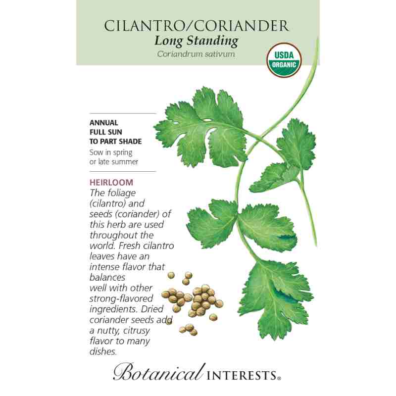 image of seed packet with drawing of two sprigs of cilantro with lobed and serrated green leaves and a small bunch of coriander seeds.  logo and seed info in black type. USDA organic label in upper right corner