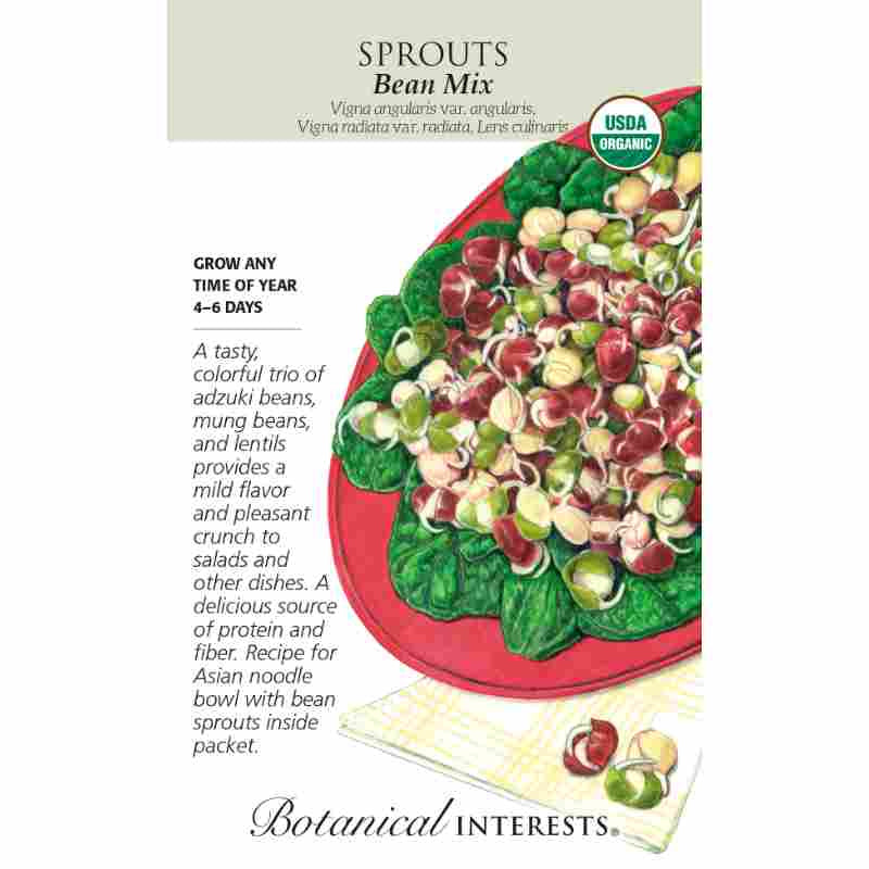 image of seed packet with drawing of a red plate covered in salad greens and sprouted beans.  logo and seed packet info in black type.  USDA organic logo in upper right corner