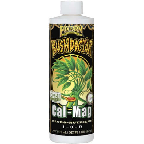 image of Cal-Mag bottle with black label featuring a stylized drawing of a green foliage plant and the logos for Fox Farm and Bush Doctor as well as the OMRI organic label