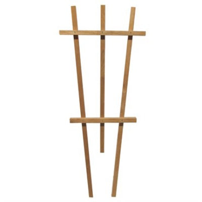image of trellis with three vertical stakes, tapered together towards the bottom, with two horizontal stakes holding it together