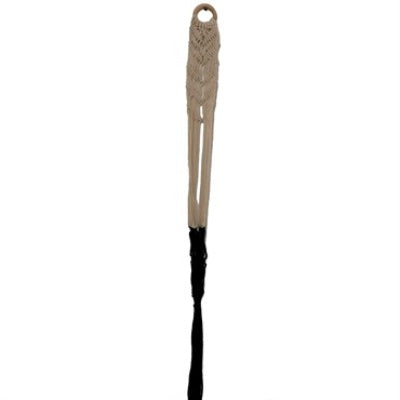 image of long woven plant hanger with natural color at the top and black colored yarn at the bottom