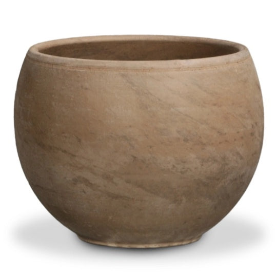 image of globe shaped pot in marbled medium to light brown tones with opening in top