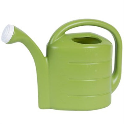 large bright green plastic watering can with round handle and a white tip on the spout