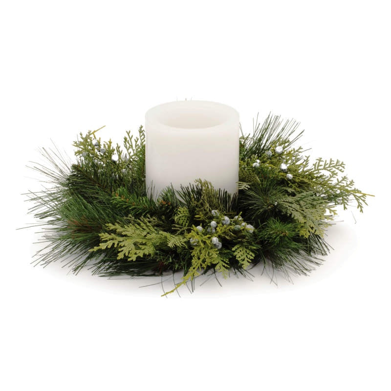 image of artificial candle ring with mixed greens.  A white pillar candle is in the middle
