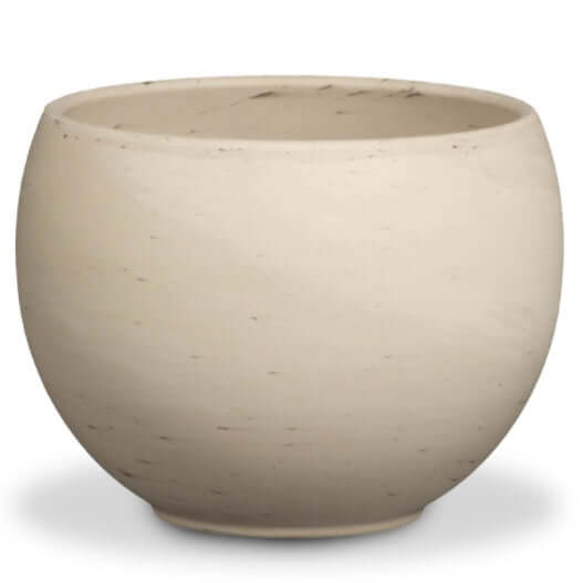 globe shaped planter in off white with small brown flecks in the finish.  Opening at top.