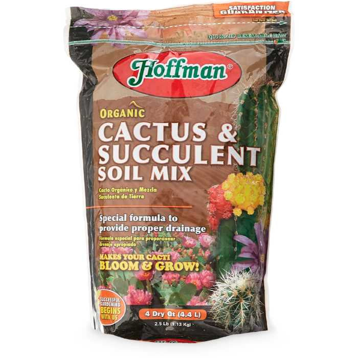 image of bag of cactus soil with images of various cacti, Hoffman logo in red and green and descriptions in yellow or white text