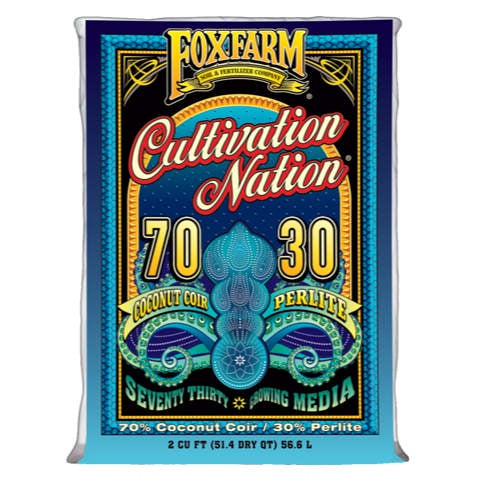 image of bag of Cultivation Nation growing media with logo.  blue background
