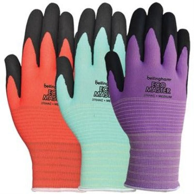 three medium right hand gloves - red, blue and purple colors