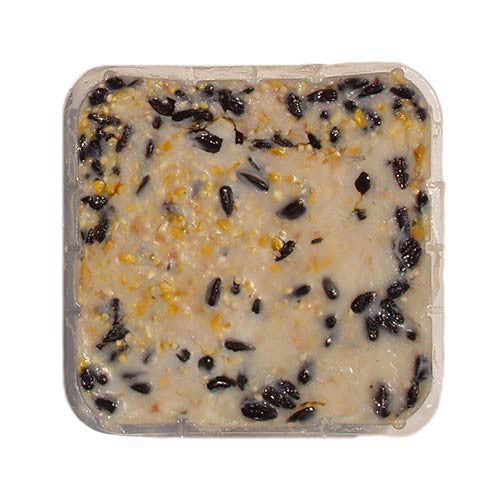 image of suet cake with top taken off.  Black and yellow seeds in tan suet cake