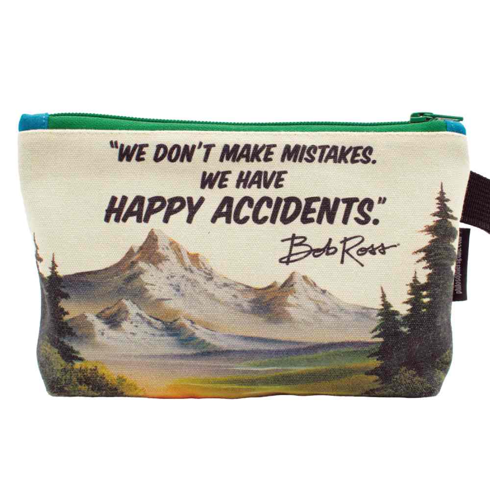 rectangular canvas bag with a painting of a mountain and trees and the quote &quot;We Don&#39;t make mistakes.  we have happy accidents.