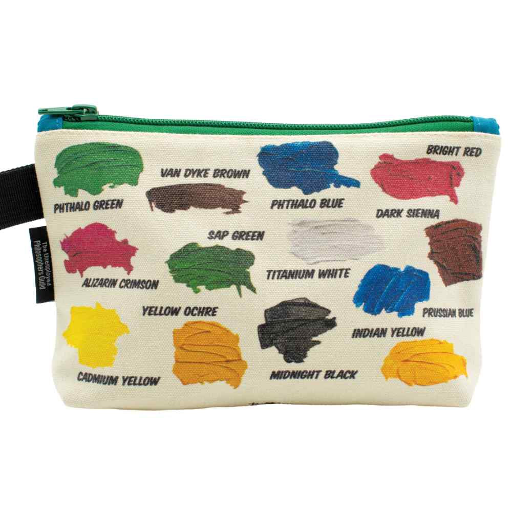 image of rectangular canvas bag with several blots of color made to look like oil paints, with the paint name below each one