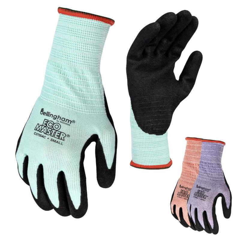 image with three gloves....one with a light blue knit back, one with a black palm and a group of two in peach and purple colors