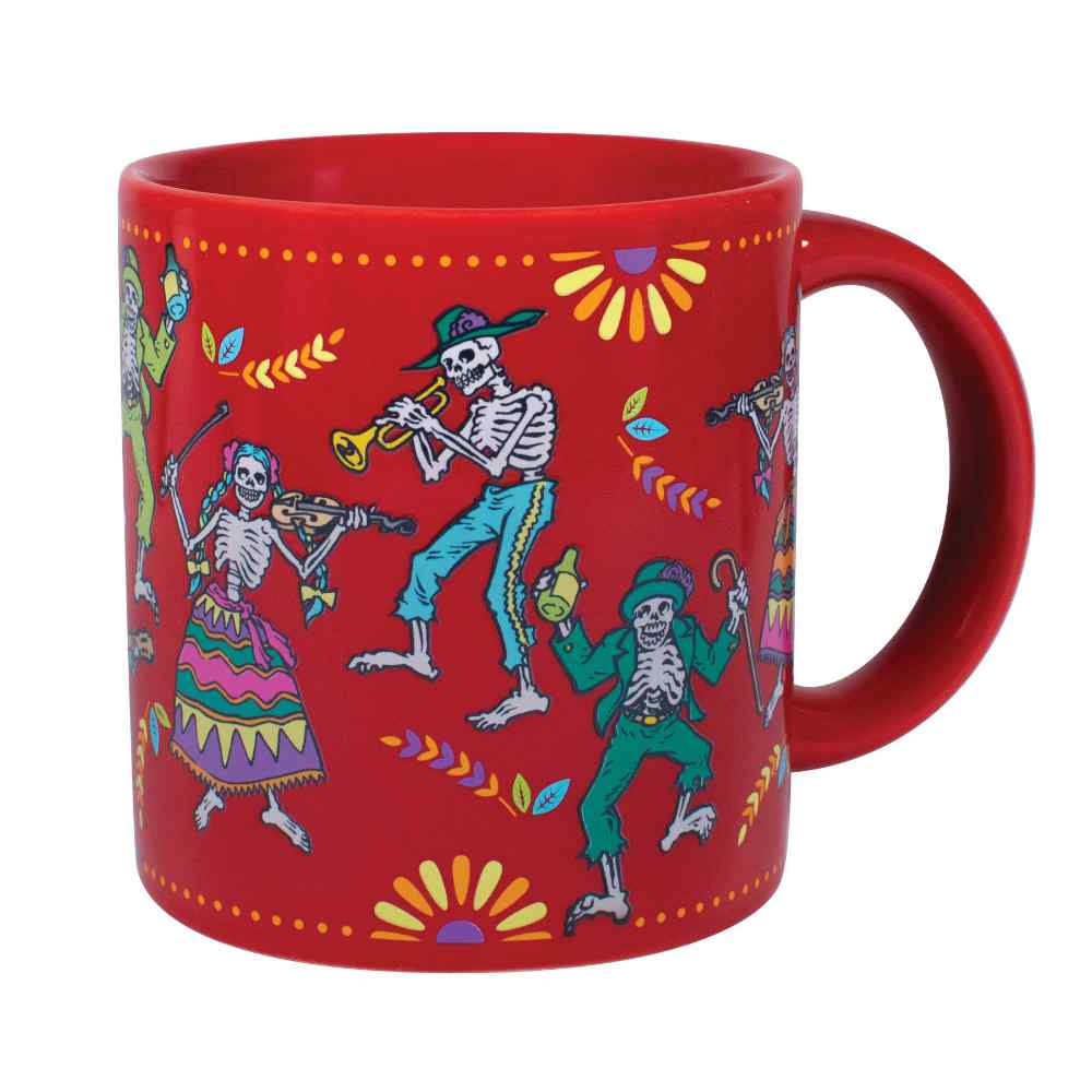 right side of mug with hot liquid in it, showing colorful drawings of skeleton figures