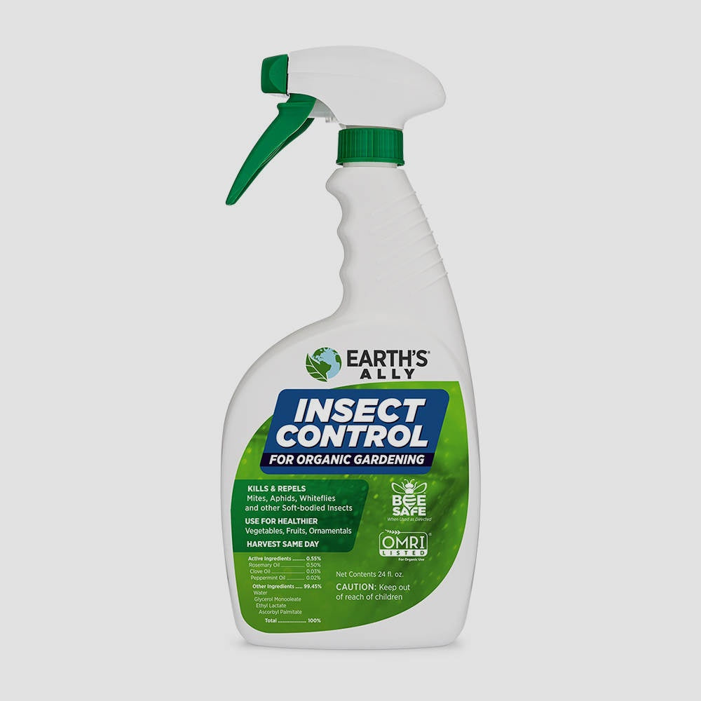 image of white plastic spray bottle with green and blue label saying earth's ally insect control for organic gardening, with additional product information.