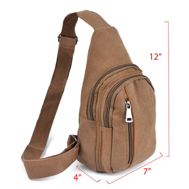 image of backpack in tan color canvas with adjustable strap