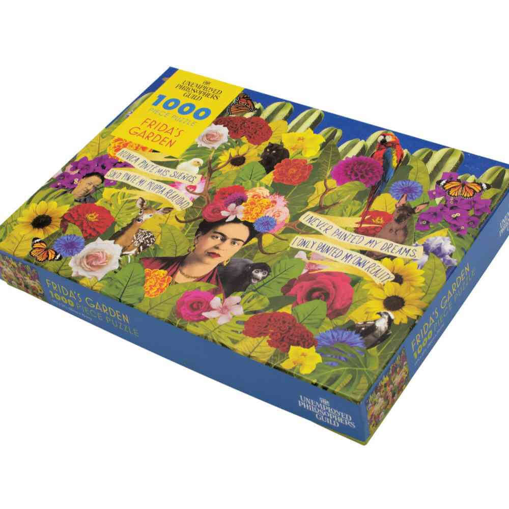 image of puzzle box with an image of Frida Kahlo surrounded by colorful flowers and animals