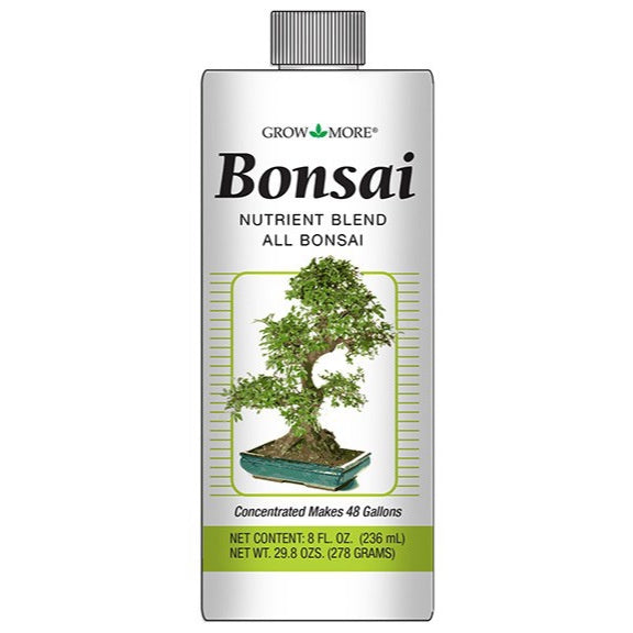 image of white bottle with white screw top and drawing of a bonsai tree on it with the word bonsai in black