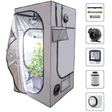 image of a tall rectangular grey grow tent with a bright silver interior, surrounded by small images of items included