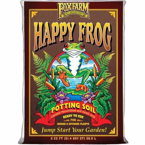 Bag of Happy Frog Soil with drawings of frog and plants