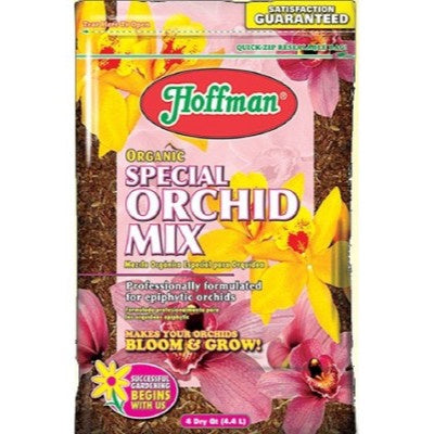 image of bag with photos of pink and yellow orchid blooms on top of shredded brown bark, with a pink center section showing name, logo and product information