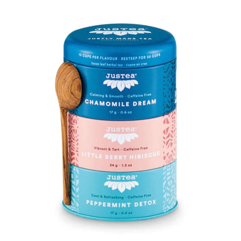 image of round tea tin in 3 vertical sections....dark blue top section, light peach center section and sky blue bottom section.  Wooden spoon attached to side