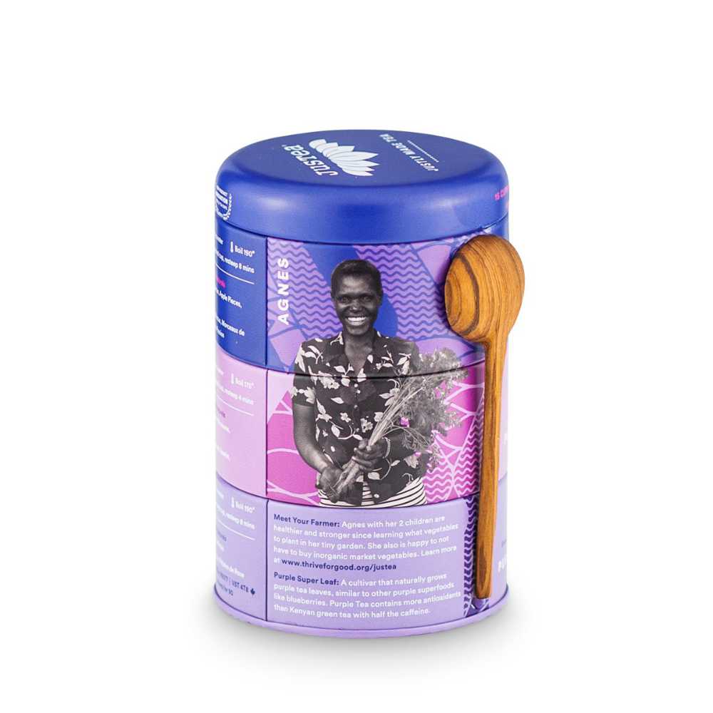 image of back of 3 stacked tea tins, with black and white image of Agnes, one of the tea farmers