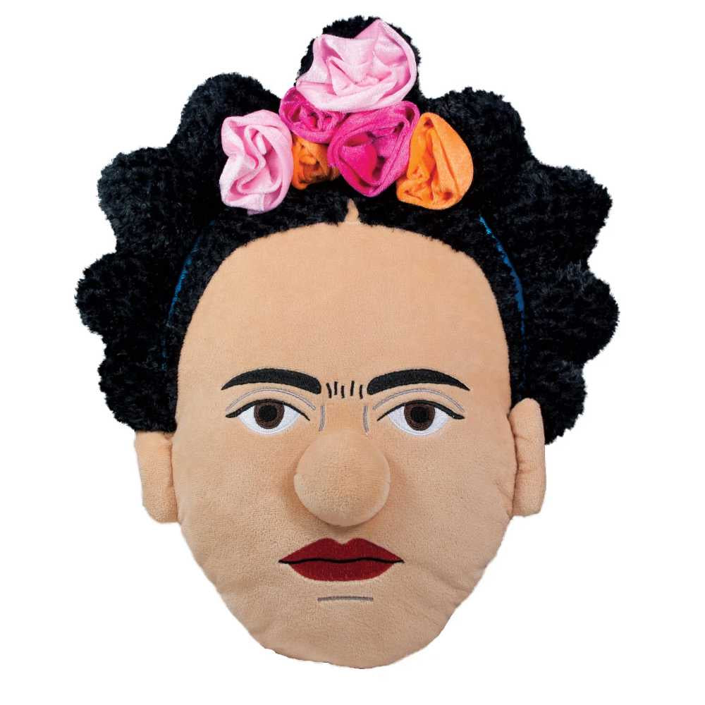 image of pillow made in a drawing style of Frida Kahlo&#39;s face with black hair and pink and orange flowers in the hair.