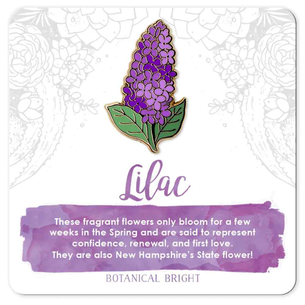 image of lilac pin showing large bloom made up of smaller blooms in shades of purple, with two green leaves at the bottom.  On a card with description in lavender and white