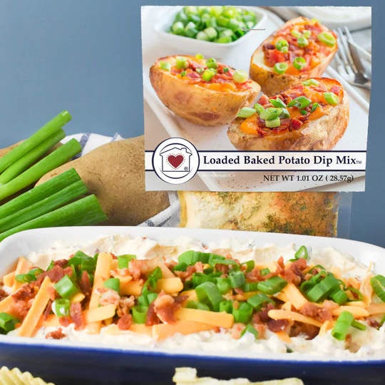 image of label showing baked potatoes stuff with green onions, bacon and cheese, with a platter of the same dip sitting in front