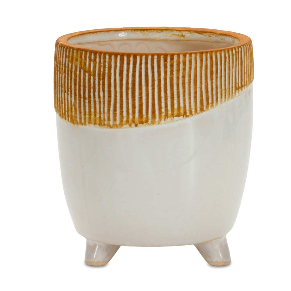 White glazed terra cotta pot with a ribbed clay reveal at the top and small white glazed feet