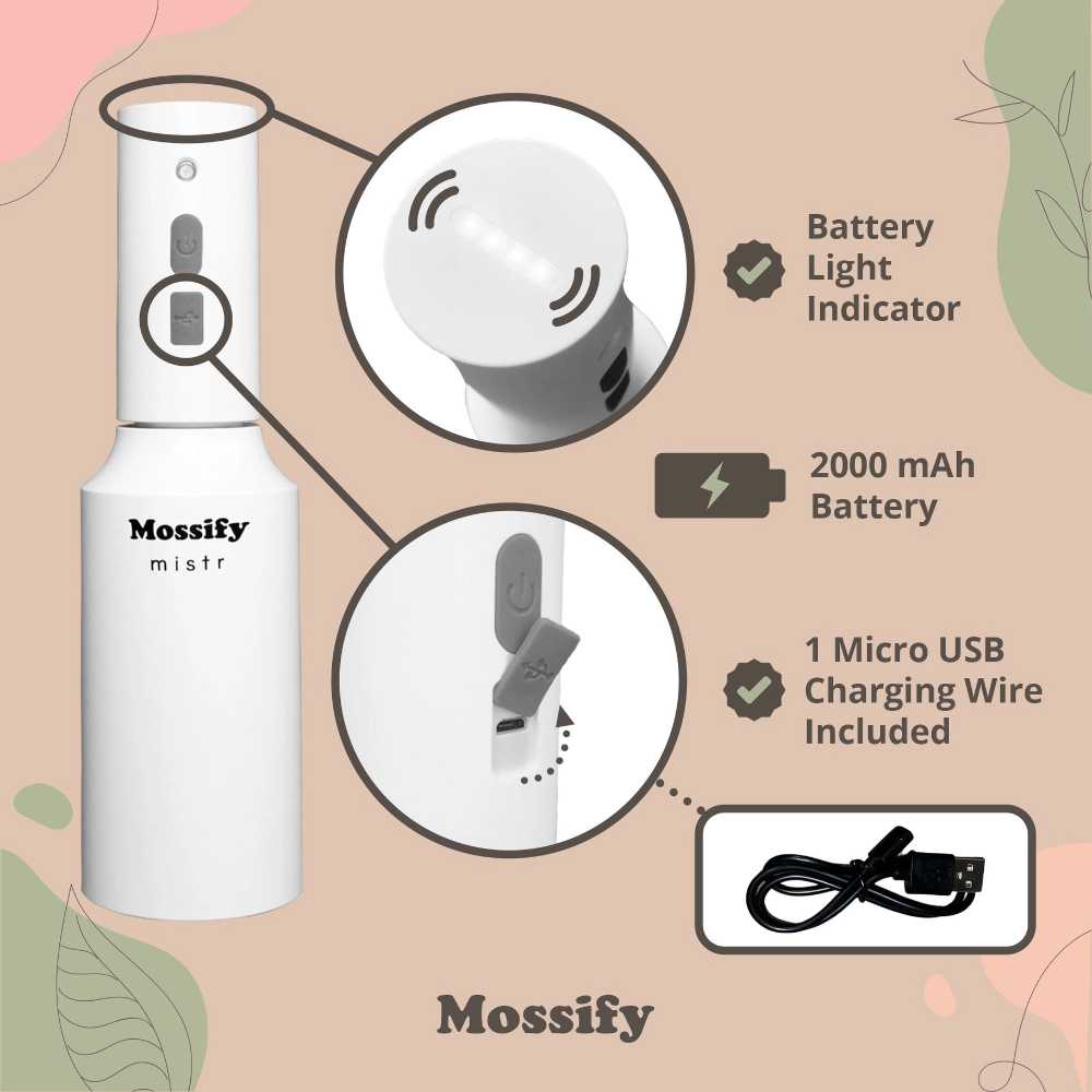 image of mossify mister with magnified areas showing top and USB port, along with a photo of the charging cord