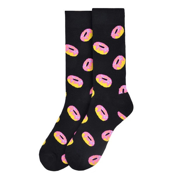 image of a pair of socks in black with yellow and pink doughnut designs on them