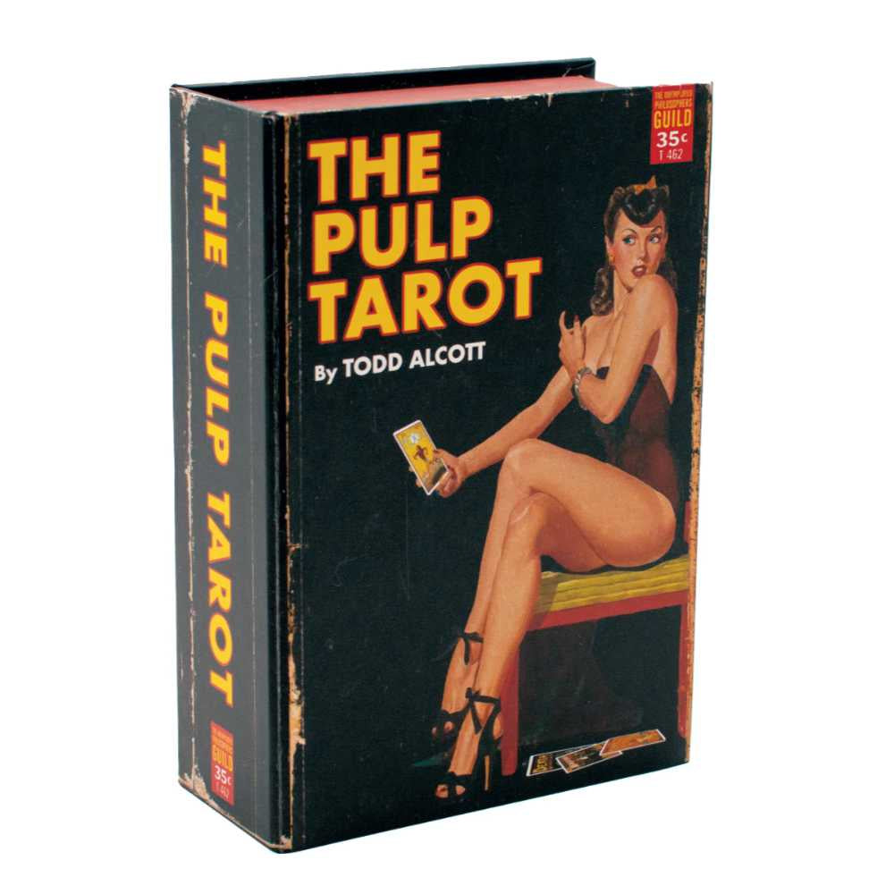 image of box looking like a vintage book with a pin up style photo of a woman on the front and "The Pulp Tarot" written in large yellow letters