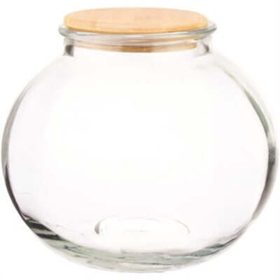 image of glass globe shaped planter with light wood lid