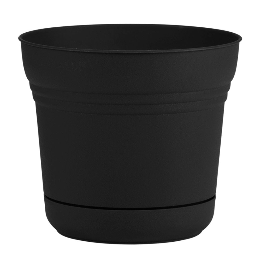 image of round pot with integrated saucer in a black color