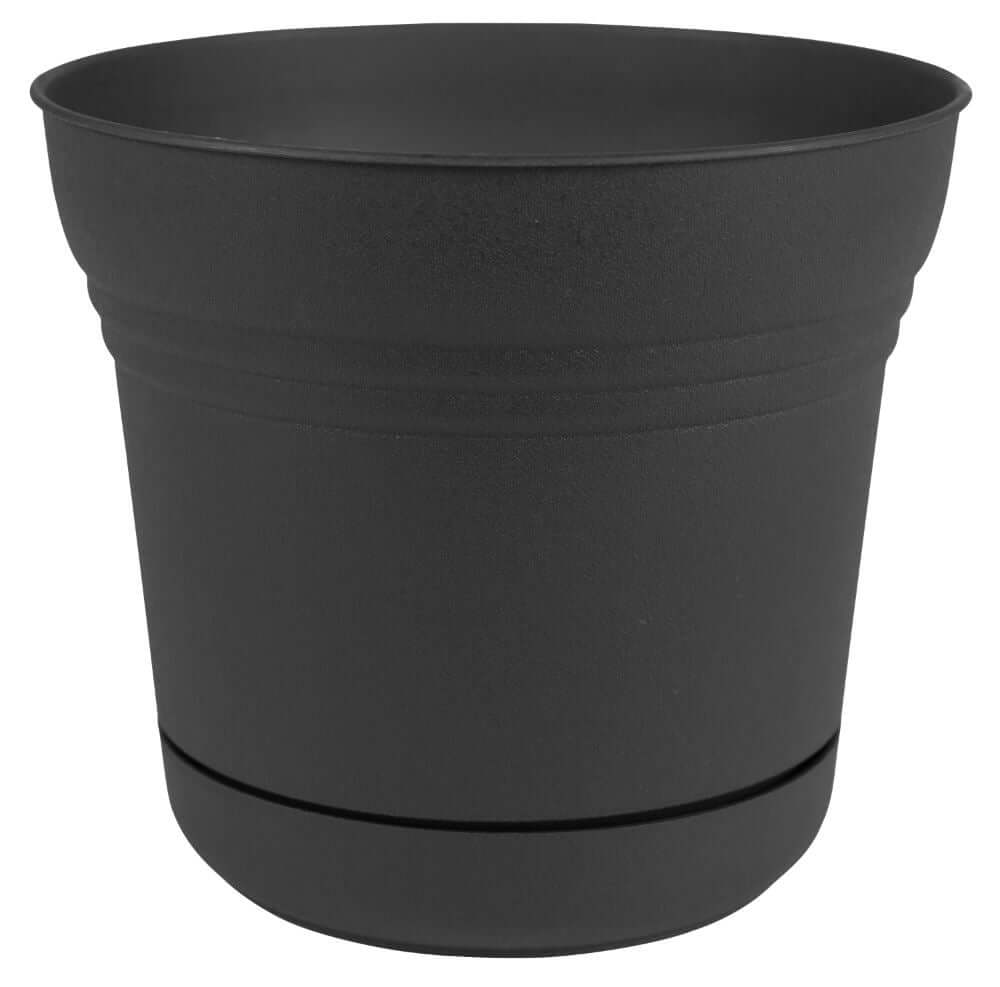 image of a round planter with integrated saucer in a dark charcoal color